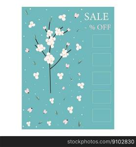 Poster design, flyer for sale with the image of a flowering branch with flowers, buds, leaves and the inscription Sale OFF. Design for web, wallpaper, greeting or invitation, poster, banner. EPS