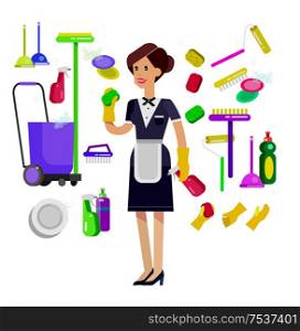 Poster design for cleaning service and cleaning supplies. Vector detailed character professional housekeeper. Cleaning kit icons isolated on white background. Vector cleaning. Illustration cleaning. Poster design for cleaning service
