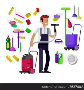 Poster design for cleaning service and cleaning supplies. Vector detailed character professional housekeeper. Cleaning kit icons isolated on white background. Vector cleaning. Illustration cleaning. Poster design for cleaning service