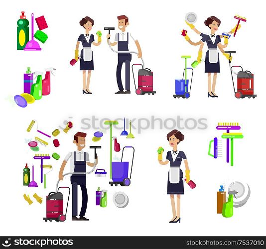 Poster design for cleaning service and cleaning supplies. Vector detailed character professional housekeeper, kit icons. Vector Poster design for cleaning service housekeeper