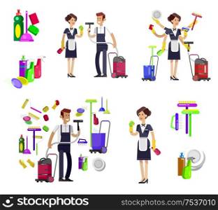 Poster design for cleaning service and cleaning supplies. Vector detailed character professional housekeeper, kit icons. Vector Poster design for cleaning service housekeeper