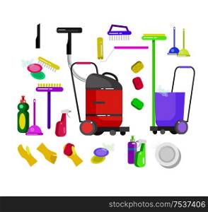 Poster design for cleaning service and cleaning supplies. Vector detailed Cleaning kit icons. Vector cleaning. Illustration cleaning . Poster design for cleaning service