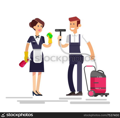 Poster design for cleaning service and supplies. Vector detailed character professional housekeeper. Poster design for cleaning service