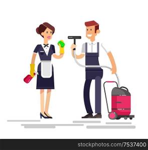 Poster design for cleaning service and supplies. Vector detailed character professional housekeeper. Poster design for cleaning service