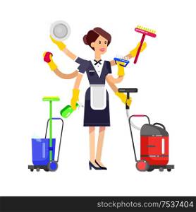 Poster design for cleaning service and supplies. Vector detailed character professional housekeeper. Poster design for cleaning service