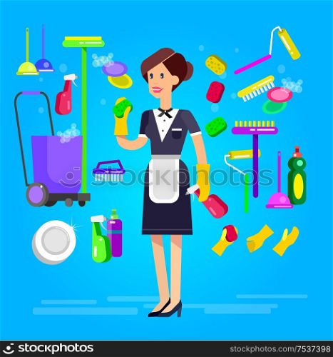 Poster design for cleaning service and supplies. Vector detailed character professional housekeeper. Cleaning kit icons. Poster design for cleaning service