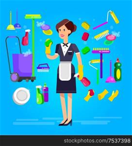 Poster design for cleaning service and supplies. Vector detailed character professional housekeeper. Cleaning kit icons. Poster design for cleaning service
