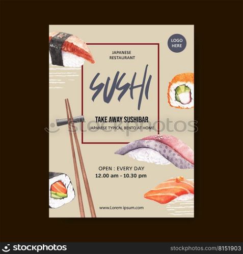 Poster design for Sushi restaurant watercolour illustration. Contrast colour in compact composition 