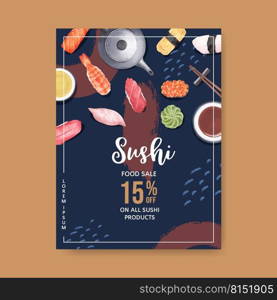 Poster design for Sushi restaurant watercolour illustration. Contrast colour in compact composition 