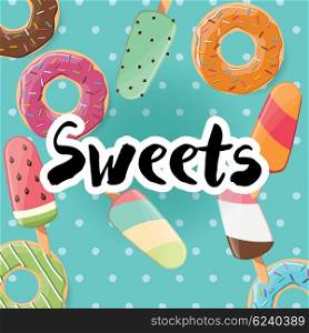 Poster design with colorful glossy tasty donuts and ice cream, vector illustration