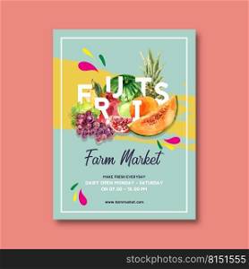 Poster design with Fruits-theme, creative watercolor vector illustration template.