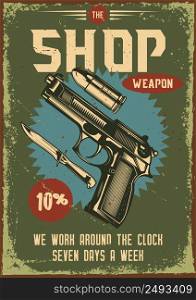 Poster design with illustration of a gun and its parts on vintage background.