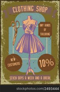 Poster design with illustration of a mannequin with a dress on and scissors on vintage background.