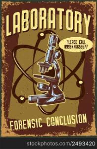 Poster design with illustration of a microscope and an atom on vintage background.