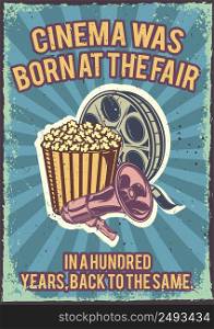 Poster design with illustration of a popcorn and filmstrip, megaphone on vintage background.