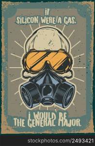 Poster design with illustration of a skull with a respirator and glasses on vintage background.