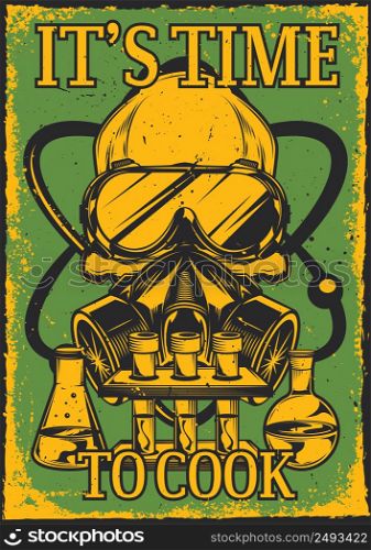 Poster design with illustration of a skull with respirator and glasses on, flasks and an atom.