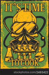 Poster design with illustration of a skull with respirator and glasses on, flasks and an atom.
