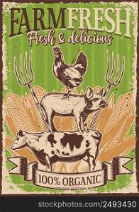 Poster design with illustration of livestock standing on each other on vintage background.