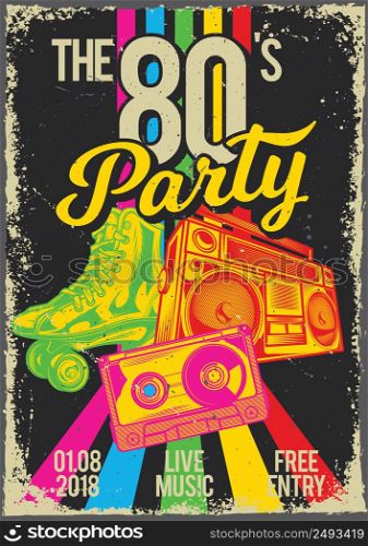 Poster design with illustration of roller-skaters, cassette and a radio on retro background.