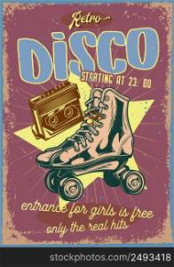 Poster design with illustration of roller-skates and a cassette on vintage background.