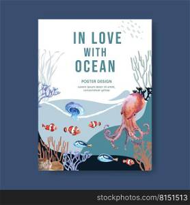 Poster design with sealife-theme, creative octopus with coral vector illustration template.