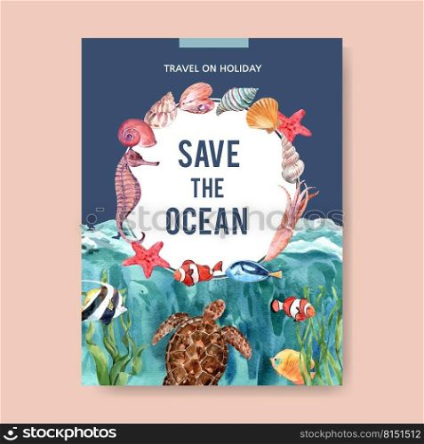 Poster design with sealife-theme watercolor, creative colorful vector illustration template.