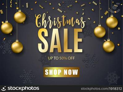 Poster for Christmas Sale background Text with golden glitter balls, snowflakes pattern. Banner or poster for shopping store discount. Poster for Christmas Sale