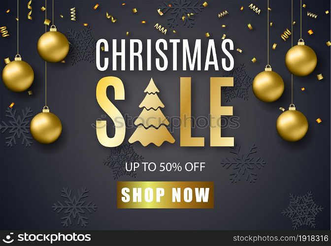 Poster for Christmas Sale background Text with golden glitter balls, snowflakes pattern. Banner or poster for shopping store discount. Poster for Christmas Sale