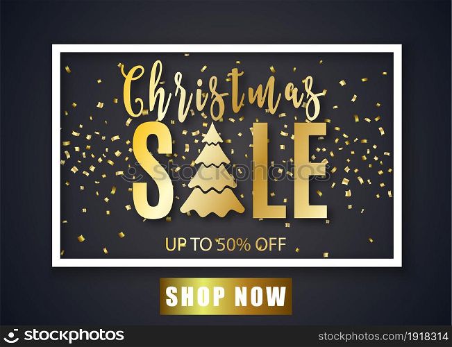 Poster for Christmas Sale background Text with golden glitter snowflakes pattern. Banner or poster for shopping store discount. Poster for Christmas Sale