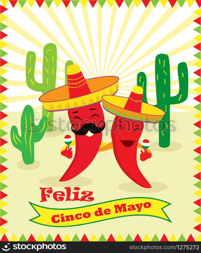 Poster for Cinco de Mayo holiday with two chilli peppers, guitar, sombrero and cacti. Poster for Cinco de Mayo with two chilli peppers, guitar, sombrero and cacti