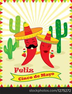Poster for Cinco de Mayo holiday with two chilli peppers, guitar, sombrero and cacti. Poster for Cinco de Mayo with two chilli peppers, guitar, sombrero and cacti