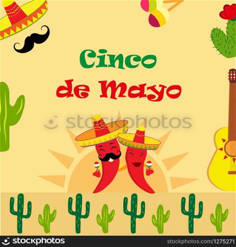 Poster for Cinco de Mayo with two chilli peppers, guitar, sombrero and cacti. Poster for Cinco de Mayo holiday.