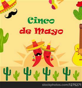 Poster for Cinco de Mayo with two chilli peppers, guitar, sombrero and cacti. Poster for Cinco de Mayo holiday.