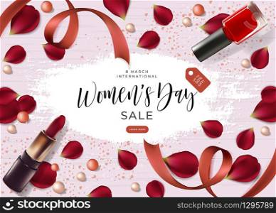 Poster for the International Happy Women&rsquo;s Day for sale March 8 with the decor of flowers petals, lipstick and nail varnish. Design Web sale offer with a pattern for advertising and discount.