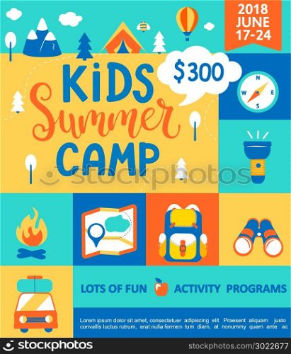 Poster for the Kids Summer camp.. Poster for the Kids Summer camp, concept with handdrawn lettering,Camping and Travelling on holiday with a lot of camping equipment such as tent, backpack and others in flat style,vector illustration.