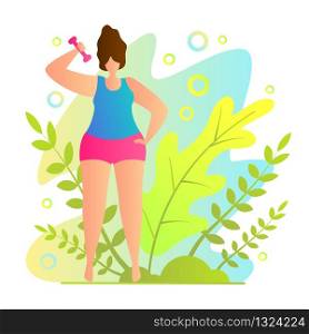 Poster Girl Performs Exercises with Dumbbells. Healthy Lifestyle for Young Woman. Active Sport in Morning. In Summer on Street, Girl is Engaged in Physical Education. Vector Illustration.