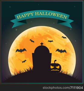 Poster Halloween Day , silhouette pumpkin lantern on grass with grave bat under moon and star on night sky , vector illustration , banner text