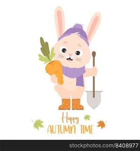 Poster Happy autumn time. Cute rabbit in rubber boots with carrot and garden tool with shovel. Vector illustration with farmer for kids collection, cards, design and decoration of farm harvest themes