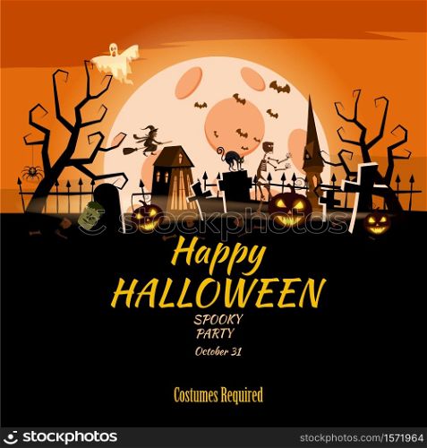 Poster Happy Halloween holiday pumpkin, cemetery, black abandoned castle, gloomy autumn forest, panorama, moon, crosses and tombstones. Poster Happy Halloween holiday pumpkin, cemetery, black abandoned castle, attributes of the holiday of All Saints, ghost, spider, black cat, a witch on a broomstick, a gloomy autumn forest, panorama, the moon, crosses and tombstones. Vector, isolated, template, invitation card, poster, banner, cartoon style.