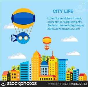Poster illustration of a cute balloon, balloon and airship. Color illustration of the airship and aeronautical assets in a flat style of the city.