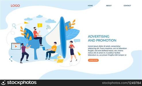 Poster Inscription Advertising and Promotion. Banner Logic Helps to Work Effectively in Office. Man is Working on Laptop, Guy is Sitting on Huge Loudspeaker Cartoon. Vector Illustration.