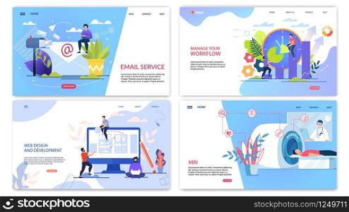 Poster Inscription Email Service Lettering Flat. Set Banner Mri, Manage your Workflow, Web Design and Development Lettering. Guy is Sitting on Large Envelope Next to Regular Mailbox.