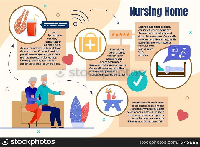 Poster Inscription Nursing Home, Infographic. Elderly Couple Sitting on Couch Holding Hands. Husband and Wife Care for Healthy Eating and Healthy Sleep Cartoon. Vector Illustration.