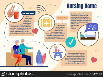 Poster Inscription Nursing Home, Infographic. Elderly Couple Sitting on Couch Holding Hands. Husband and Wife Care for Healthy Eating and Healthy Sleep Cartoon. Vector Illustration.