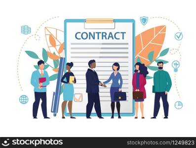 Poster Inscription on Document Contract Flat. Constant Access to Office Information. Men and Women Stand in Background Large Document with Inscription Contract. Vector Illustration.