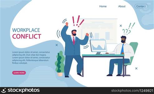 Poster Inscription Workplace Conflict Cartoon. Focus and Productive Work. Employee Sits at Top and does not Understand Boss, who is Angrily Asking Questions Flat. Vector Illustration.
