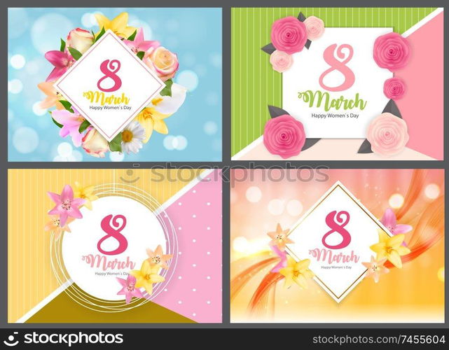 Poster International Happy Women s Day 8 March Floral Greeting card COllection Set Vector Illustration EPS10. Poster International Happy Women s Day 8 March Floral Greeting card COllection Set Vector Illustration