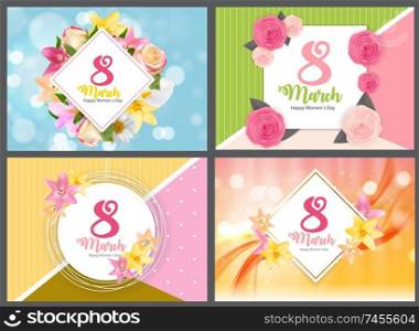 Poster International Happy Women s Day 8 March Floral Greeting card COllection Set Vector Illustration EPS10. Poster International Happy Women s Day 8 March Floral Greeting card COllection Set Vector Illustration