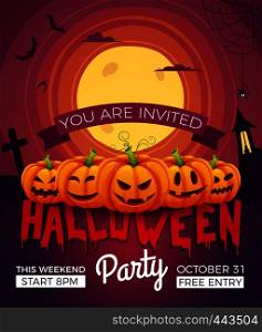 Poster invitation for halloween party. Vector illustrations of halloween symbols. Pumpkins with different emotions. Poster invitation for halloween party. Vector illustrations of Pumpkins with different emotions